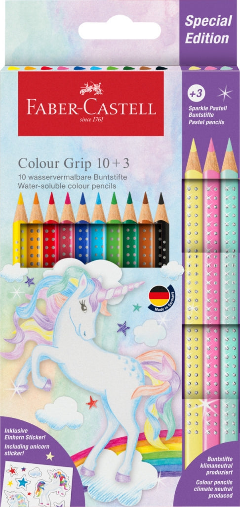 Faber-Castell Color Grip 10+3 Sparkle Pastel Pencils and Unicorn Stickers: Add a Dash of Magic to Your Artistic Creations