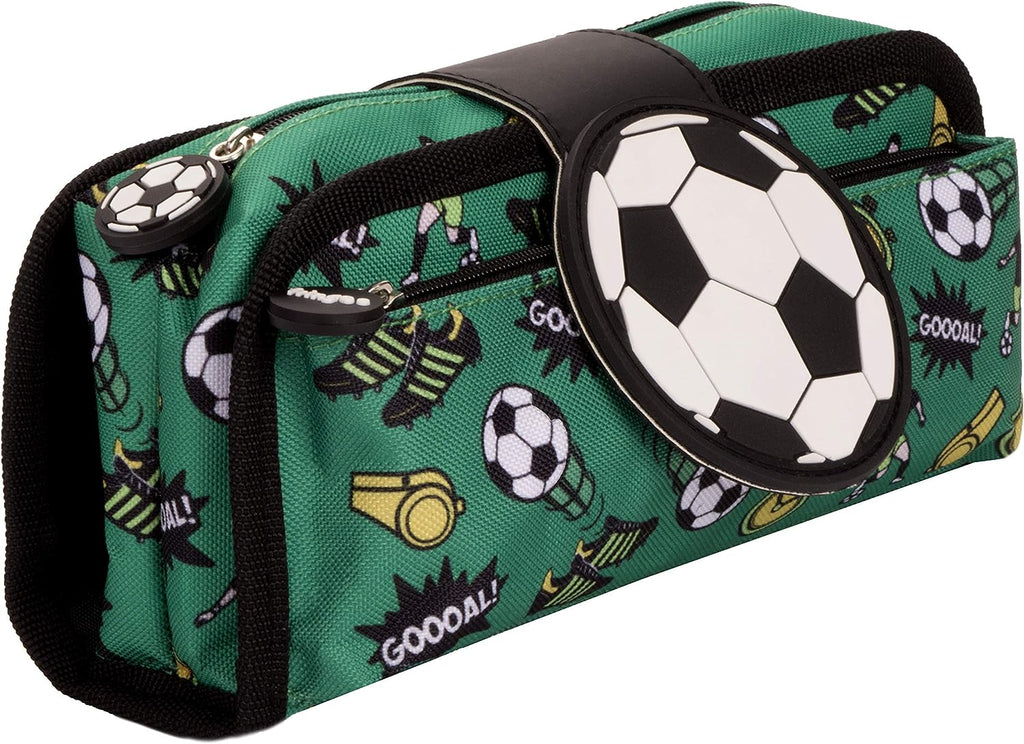 Fringoo Pencil Case with Silicone Emblem - 2 Zip Compartments - Soccer